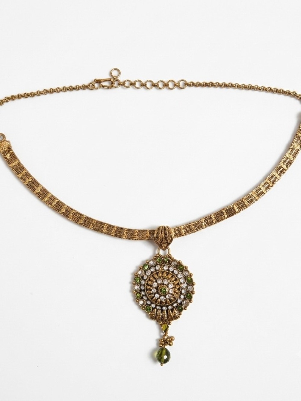 Gold Medallion Collar Necklace Green Clear Rhinestone Boho Sunburst Pendant